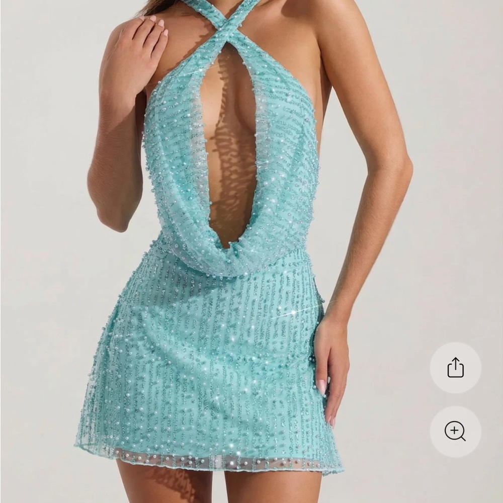 Oh Polly Sylune Aqua Embellished Beaded Halter Cowl Backless Mini Dress Sz 4